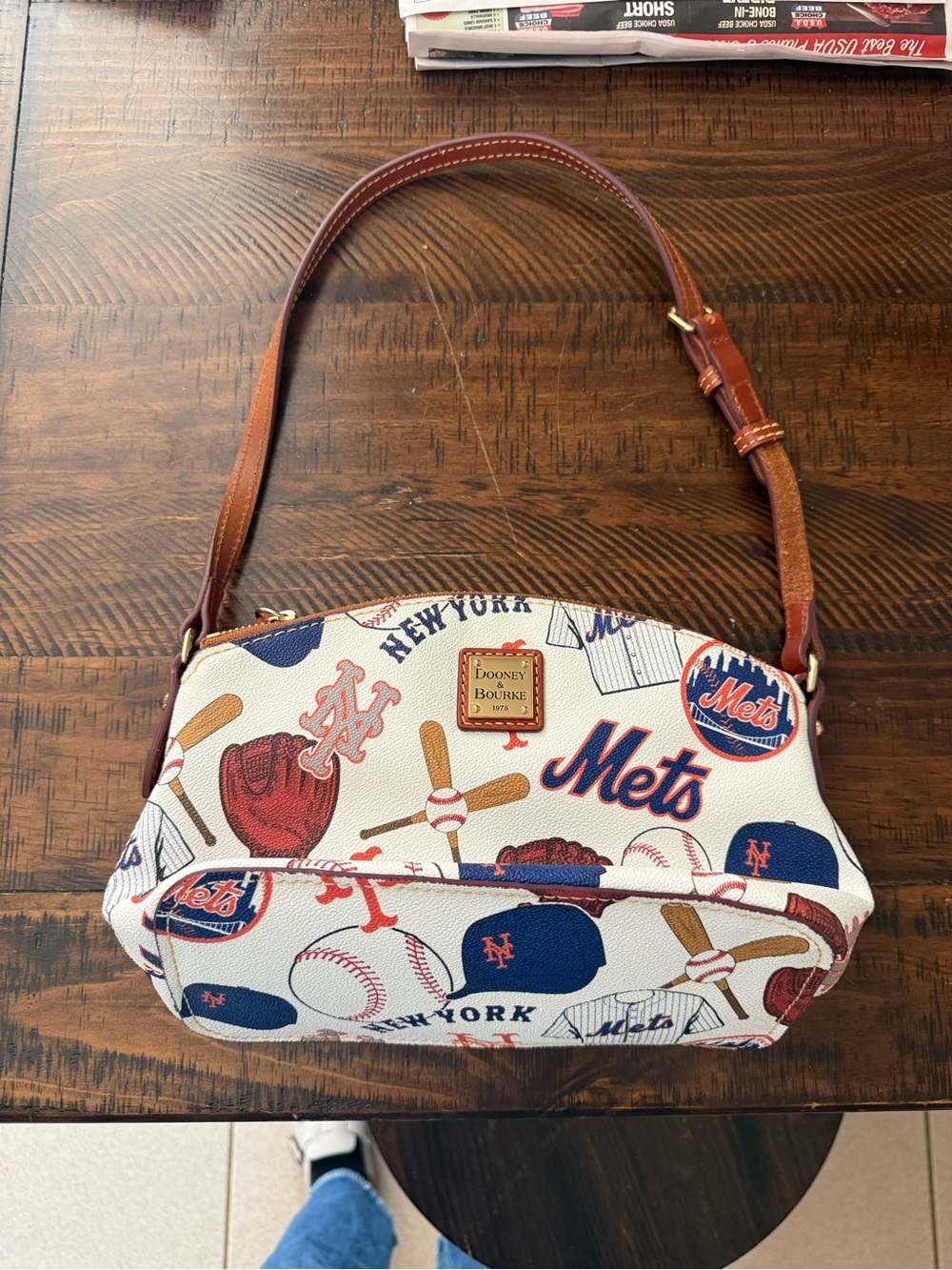 Dooney & Bourke White New York Mets Print Shoulder Bag with Brown Leather Strap